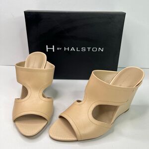 H by Halston Open-Toe Cut-Out Leather Mules Heels- Holly Nude Size 9.5 #516